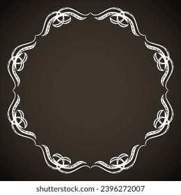 Old cute romantic book ribbon bow swirly tag swoosh element isolated on dark black board backdrop. Freehand white chalk outline drawn curly logo icon sign circle artistic rustic curlicue scrawl style