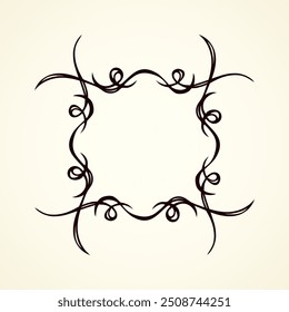 Old cute romantic book ribbon bow swirly tag swoosh element isolated on white paper card backdrop. Freehand black ink pen outline drawn curly corner sketchy in artistic rustic curlicue scribble style