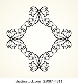 Old cute romantic book ribbon bow swirly tag swoosh element isolated on white paper card backdrop. Freehand black ink pen outline drawn curly corner sketchy in artistic rustic curlicue scribble style
