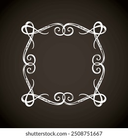 Old cute romantic book ribbon bow swirly tag swoosh element isolated on dark black board backdrop. Freehand white chalk outline drawn curly logo sketchy in artistic rustic curlicue scrawl style