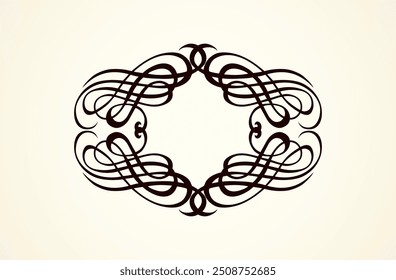 Old cute romantic book ribbon bow swirly tag swoosh element isolated on white paper card backdrop. Freehand black ink pen outline drawn curly corner sketchy in artistic rustic curlicue scrawl style