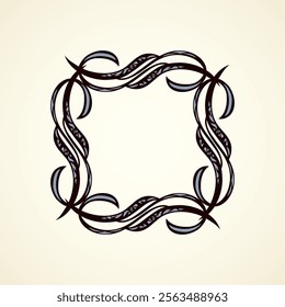 Old cute romantic book ribbon bow swirly tag swoosh element isolated on white paper card backdrop. Freehand black ink pen outline drawn curly corner sketchy in artistic rustic curlicue scrawl style