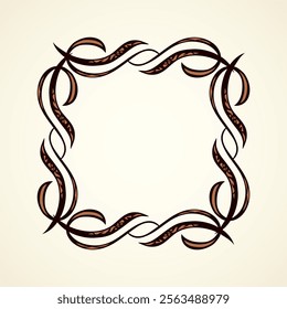 Old cute romantic book ribbon bow swirly tag swoosh element isolated on white paper card backdrop. Freehand black ink pen outline drawn curly corner sketchy in artistic rustic curlicue scrawl style