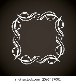 Old cute romantic book ribbon bow swirly tag swoosh element isolated on white paper card backdrop. Freehand black ink pen outline drawn curly corner sketchy in artistic rustic curlicue scrawl style