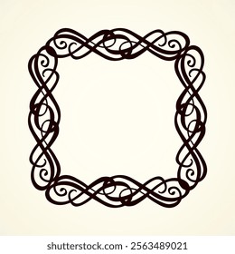 Old cute romantic book ribbon bow swirly tag swoosh element isolated on white paper card backdrop. Freehand black ink pen outline drawn curly corner sketchy in artistic rustic curlicue scrawl style