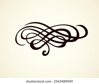 Old cute romantic book ribbon bow swirly tag swoosh element isolated on white paper card backdrop. Freehand black ink pen outline drawn curly corner sketchy in artistic rustic curlicue scrawl style