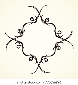 Old cute romantic book ribbon bow swirly tag swoosh element isolated on white paper card backdrop. Freehand black ink pen outline drawn curly corner sketchy in artistic rustic curlicue scrawl style