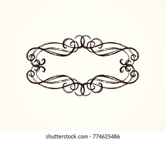 Old cute romantic book ribbon bow swirly tag swoosh element isolated on white paper card backdrop. Freehand black ink pen outline drawn curly corner sketchy in artistic rustic curlicue scrawl style
