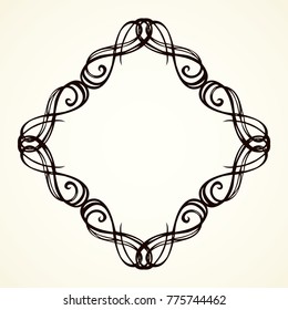 Old cute romantic book ribbon bow swirly tag swoosh element isolated on white paper card backdrop. Freehand black ink pen outline drawn curly corner sketchy in artistic rustic curlicue scribble style
