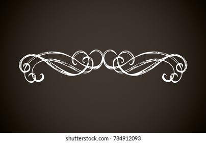 Old cute romantic book ribbon bow swirly tag swoosh element set isolated on dark black board  backdrop. Freehand white chalk outline drawn curly logo sketchy in artistic rustic curlicue scrawl style