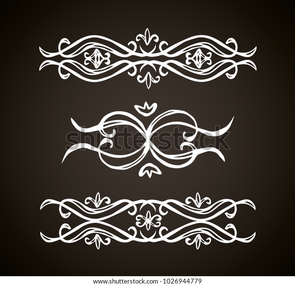 Old cute romantic book ribbon bow swirly tag swoosh\
element set isolated on dark black board  backdrop. Freehand white\
chalk outline drawn curly logo sketchy in artistic rustic curlicue\
scrawl style