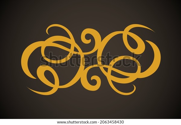 Old cute romantic book ribbon bow swirly tag swoosh\
element set isolated on dark black board  backdrop. Freehand golden\
linear outline drawn curly logo sketchy in artistic rustic curlicue\
scrawl style