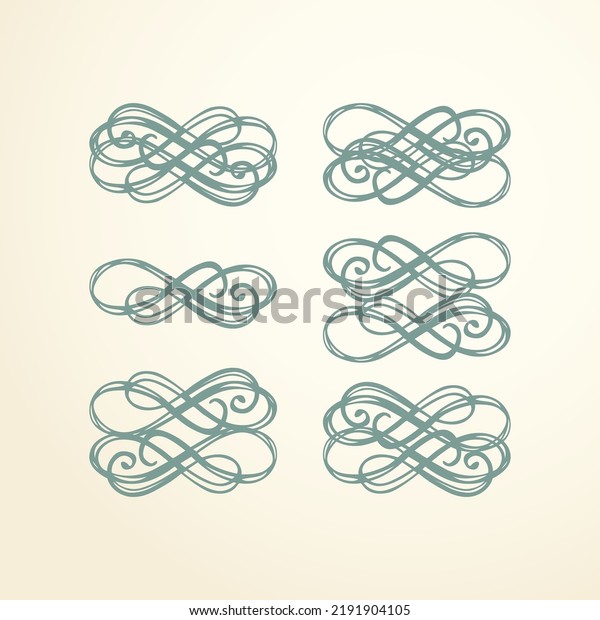 Old cute romantic book ribbon bow swirly tag swoosh\
element set isolated on white paper card backdrop. Freehand black\
ink pen outline drawn curly logo sketchy in artistic rustic\
curlicue scrawl style