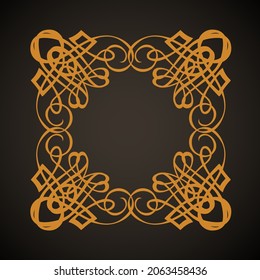Old cute romantic gold book ribbon bow swirly tag swoosh element isolated on dark black board backdrop. Freehand golden linear outline drawn curly logo sketchy artistic rustic curlicue scrawl style