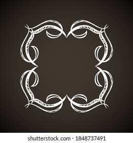 Old cute romantic wed book ribbon bow swirly tag swoosh element isolated on dark black board backdrop. Freehand white chalk outline drawn curly logo icon invite artistic rustic curlicue scrawl style