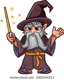 Old cute wizard in a robe with beard and a wand