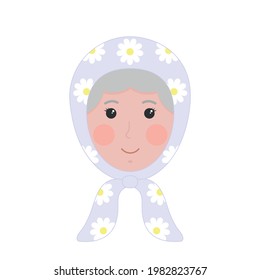Old cute woman in a beautiful headscarf. Woman face avatar.  Old woman icon. Vector illustration.