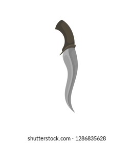 Old dagger with short curved blade and wooden handle. Iron knife. Medieval weapon. Flat vector icon