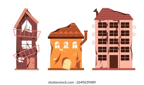 Old damaged dilapidated houses cracked walls broken windows collapsing roofs and structural damage representing abandonment destruction