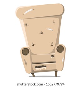 An old, damaged, large coffee-colored armchair. Design of broken upholstered furniture. Vector illustration for restoration sites.