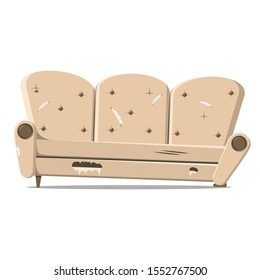 Old, damaged large coffee-colored sofa. Design of broken upholstered furniture. Vector illustration for restoration sites.