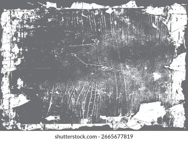 Alte beschädigte Papierhintergrund mit gerissener Textur und schweren Kratzen. Grunge abstrakte Grenze mit Vintage-Verfall. Überlagerungsdesign im Alter.
