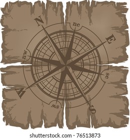 Old damaged sheet of paper with compass rose. Vector illustration isolated on white background.
