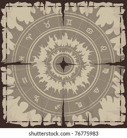 Old damaged sheet of paper with zodiac symbols. Vector EPS10.