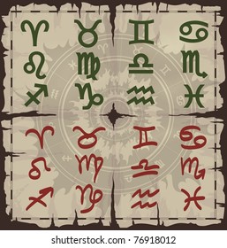 Old damaged sheet of paper with zodiac symbols. Vector EPS10.