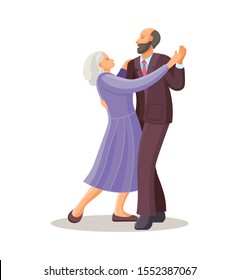 Old dancing people. Elderly man and woman senior aged persons dance waltz. Happy active elderly couple on music party. Dancers grandmother and grandfather cartoon vector illustration