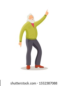 Old dancing people. Elderly man senior age person dancing in retro style. Happy active elderly pensioner in retro clothing is knitted sweater cartoon vector illustration