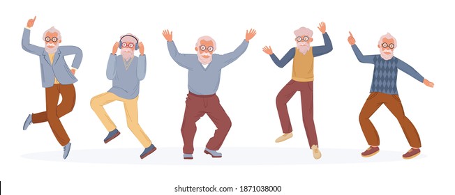 Old dancing people. An elderly man senior age person dance. Happy active elderly couple on music party together and singly. Dancers grandfather cartoon vector illustration