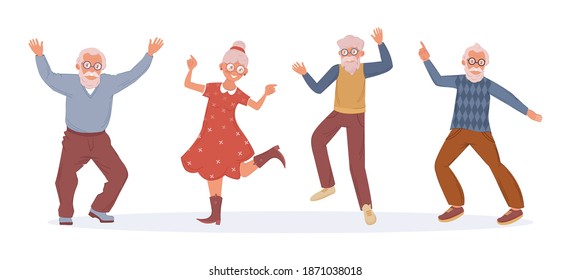 Old dancing people. An elderly man and woman senior age person dance. Happy active elderly couple on music party together and singly. Dancers grandmother and grandfather cartoon vector illustration