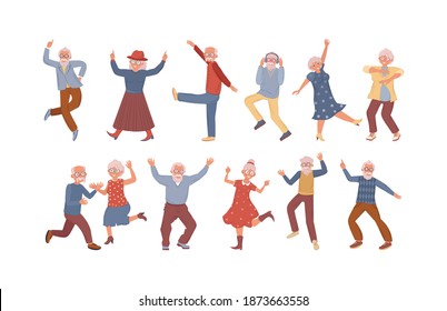 Viejos bailarines. Un hombre mayor y una mujer de edad avanzada bailan. Feliz pareja de ancianos activos en una fiesta musical juntos y de manera individual. Dibujo vectorial de la abuela y el abuelo de los bailarines