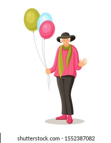 Old dancing people. Elderly woman dancing a gentle dance with balls in hand. Happy active elderly pensioner woman on music party. Dancer grandmother cartoon vector illustration.