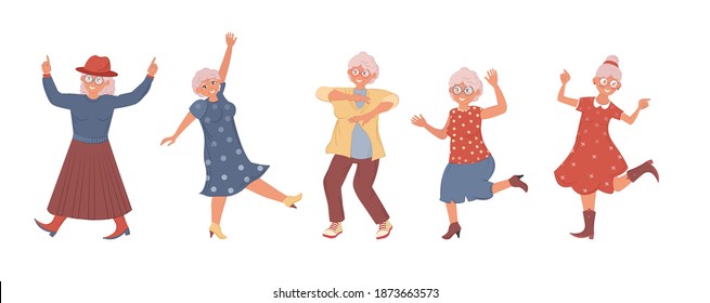 Old dancing people. An elderly woman senior age person dance. Happy active elderly couple on music party together and singly. Dancers grandmother cartoon vector illustration