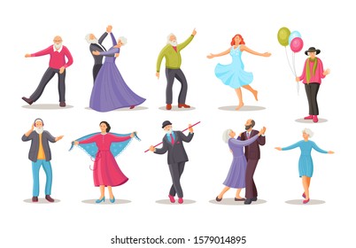 Old dancing people. Stylish elderly man and woman senior aged persons dance. Happy active elderly couple on music party together and singly. Dancers grandmother and grandfather cartoon vector