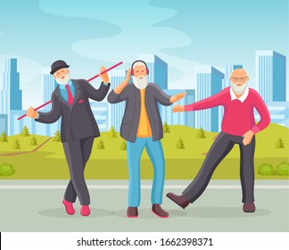 Old dancing people in town square. Elderly men senior age person dances in retro style. Happy active elderly pensioners in knitted sweater with cane in hand dancing cartoon vector illustration