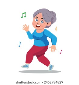 Old dancing woman Cartoon older dancer waving hands and legs retired woman moving to music Recreation in club or study in choreography school Vector active lifestyle illustration.