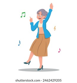 Old dancing woman Cartoon older dancer waving hands and legs retired woman moving to music Recreation in club or study in choreography school Vector active lifestyle illustration.