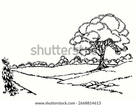 Old dark black line ink pen hand drawn fall slope travel trail oak vine shrub scene biblic doodle art style. Artist pond creek shore coast beach maple wood hill light sky view text space bible artwork