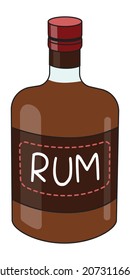 Old dark black spiced rum in the bottle. Doodle cartoon hipster style vector illustration isolated on white background. Good for party card, posters, bar menu or alcohol cook book recipe.