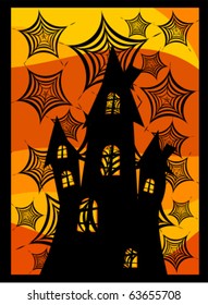 Old dark castle behind spider webs. Scary halloween background