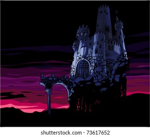 The old dark castle with the destroyed bridge at the sunset.