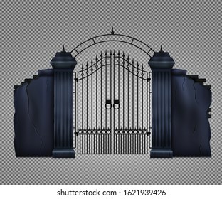 Old Dark Gothic Cemetery Gate On Transparent Background Realistic Vector Illustration