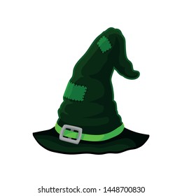 Old dark green wizard hat in patches. Vector illustration on white background.