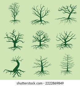 Old dark trees with roots, dead forest trees flat vector illustration