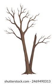 Un viejo árbol muerto. Dibuja a mano el tronco sin hojas. Icono de plantas de invierno u otoño, silueta de rama seca desnuda. Concepto de problemas de ecología de Naturaleza. Ilustración vectorial aislada