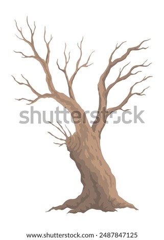 Old dead tree. Hand draw leafless trunk. Winter or autumn season plants icon, dry naked branch silhouette. Nature ecology problems concept. Isolated vector illustration