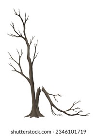 Antiguo árbol muerto, áspera corteza espeluznante, silueta seca de rama desnuda. Bosque de miedo vectorial, tronco sin hojas. Concepto de problemas ecológicos naturales. Icono aislado de plantas de temporada de invierno o otoño
